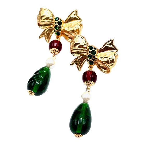 Womens Earrings Bow Design Green Red Glass Drop Matte Gold Chandelier - Picture 1 of 2